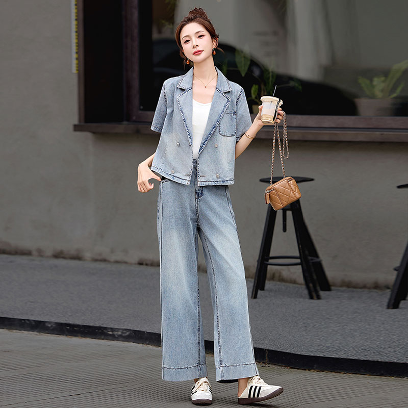 复古牛仔短袖套装两件套女装夏季薄款2026新款超火装一整套小个子
