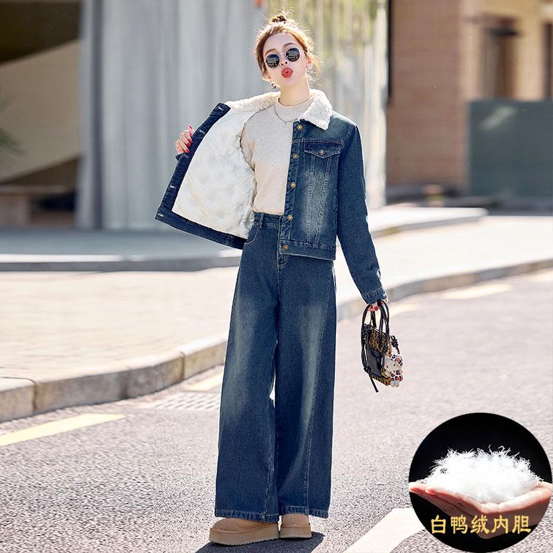 牛仔羽绒服外套阔腿裤加绒两件套