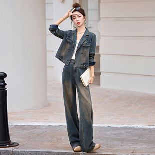 巨好看的西装领复古牛仔套装女装春季2026新款今年流行爆款两件套