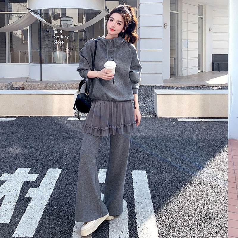 2026年新款超火卫衣套装网纱裙拼接直筒裤两件套今年流行爆款女装