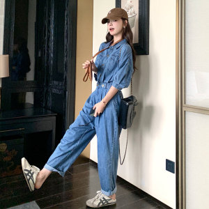 夏季穿搭中袖牛仔工装连体裤女2025新款夏装时尚连身裤高端小个子