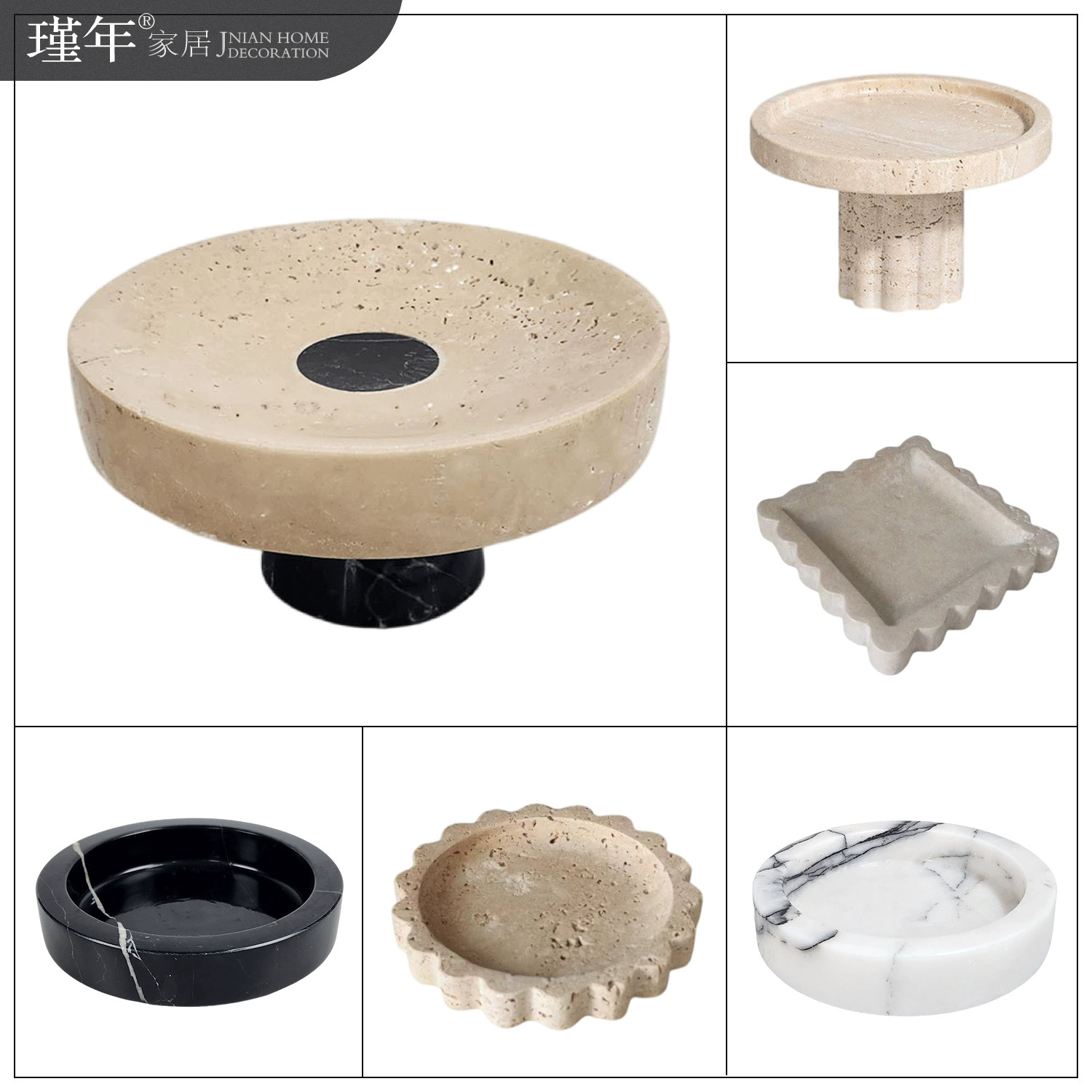 黄洞石高脚果盘圆形大理石托盘青苔花盆样板房酒店茶几装饰品摆件