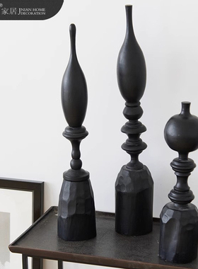 侘寂风新中式几何黑色木质创意摆件办公室客厅玄关边柜茶几装饰品