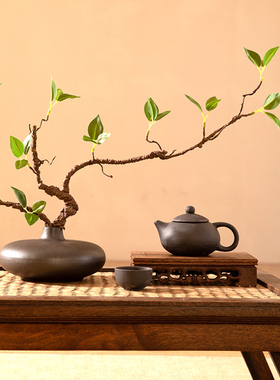 禅意黑色陶瓷扁花瓶台面仿真干花艺套装插摆件茶室客厅酒柜装饰品