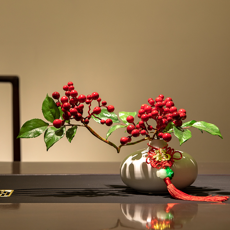 冬青红果发财果石榴枝仿真花摆件假花陶瓷花瓶套装玄关客厅假花
