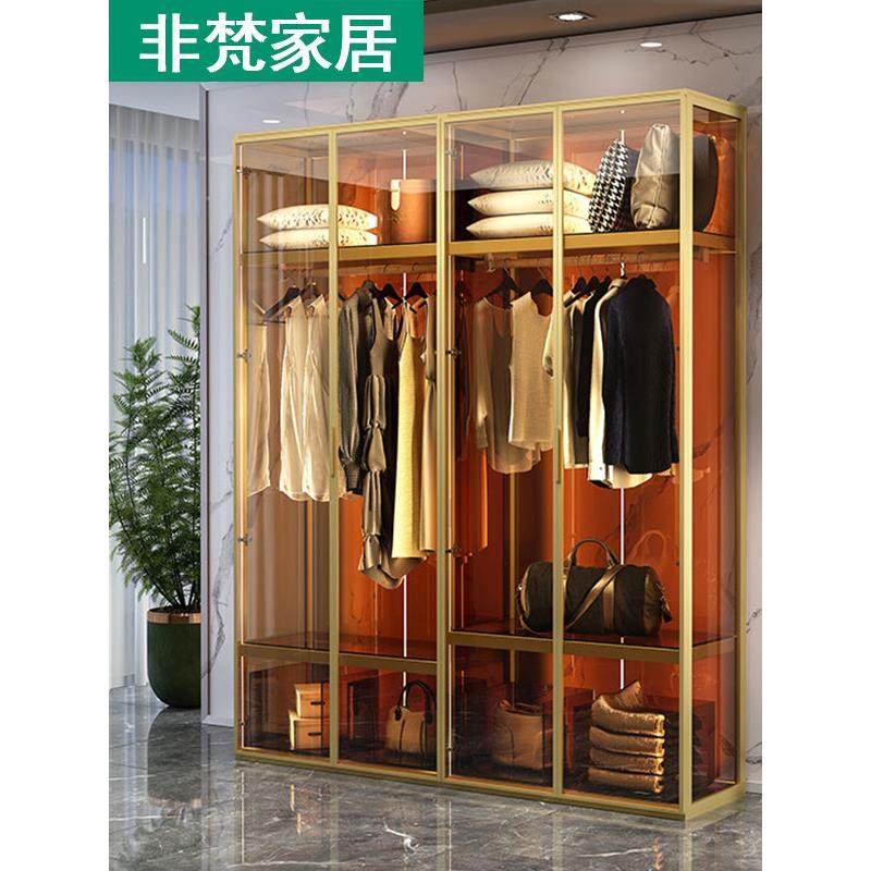 定制铝合金玻璃衣柜铝型材钢化玻璃门衣帽间家用卧室金属衣柜转角