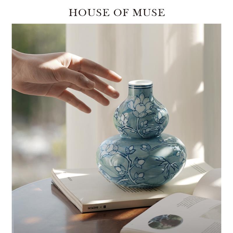 缪斯家 福栖花影 新中式手绘青花瓷花瓶蓝色覆古葫芦花器摆件