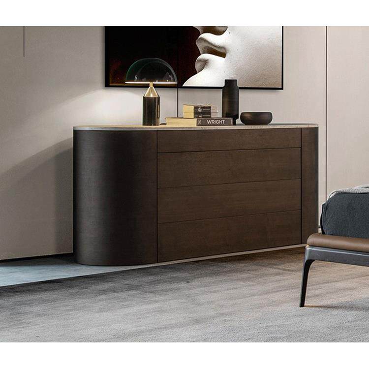 意式实木轻奢圆弧玄关柜4斗柜餐边柜背柜烟熏色大理石卧室储物柜