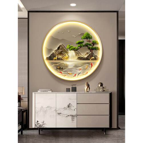 新中式山水入户玄关装饰画九鱼图走廊过道圆形挂画流水生财壁灯画