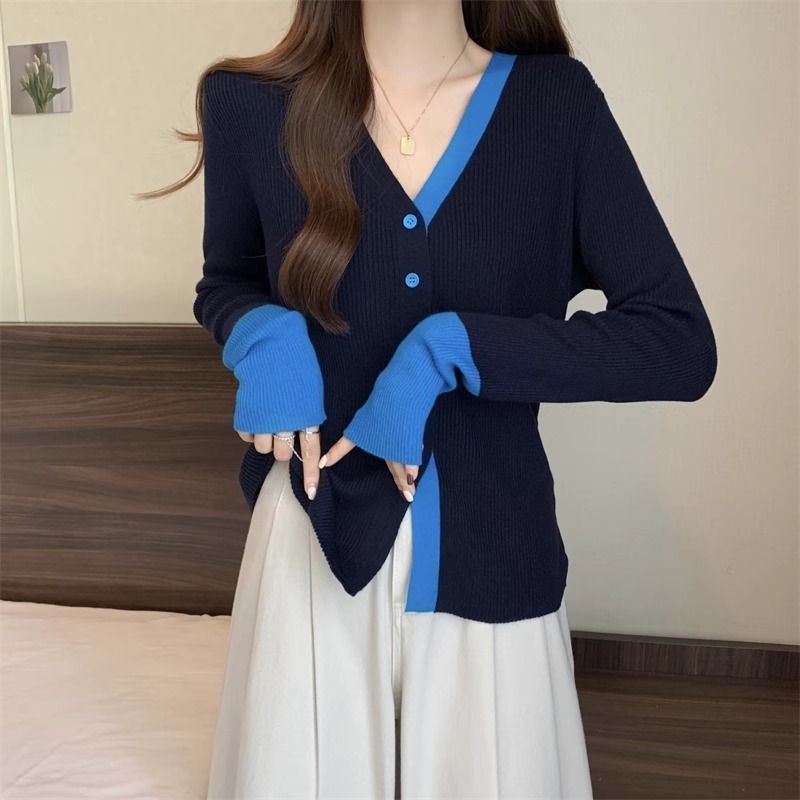 撞色v领拼接袖针织衫女秋冬新款修身显瘦长袖开衫外套假两件上衣
