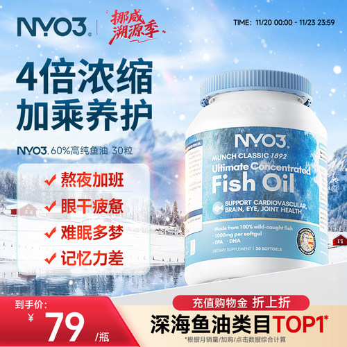 NYO3鱼油成人中老年养生高纯度60%鱼油养护心血管Omega-3软胶囊30