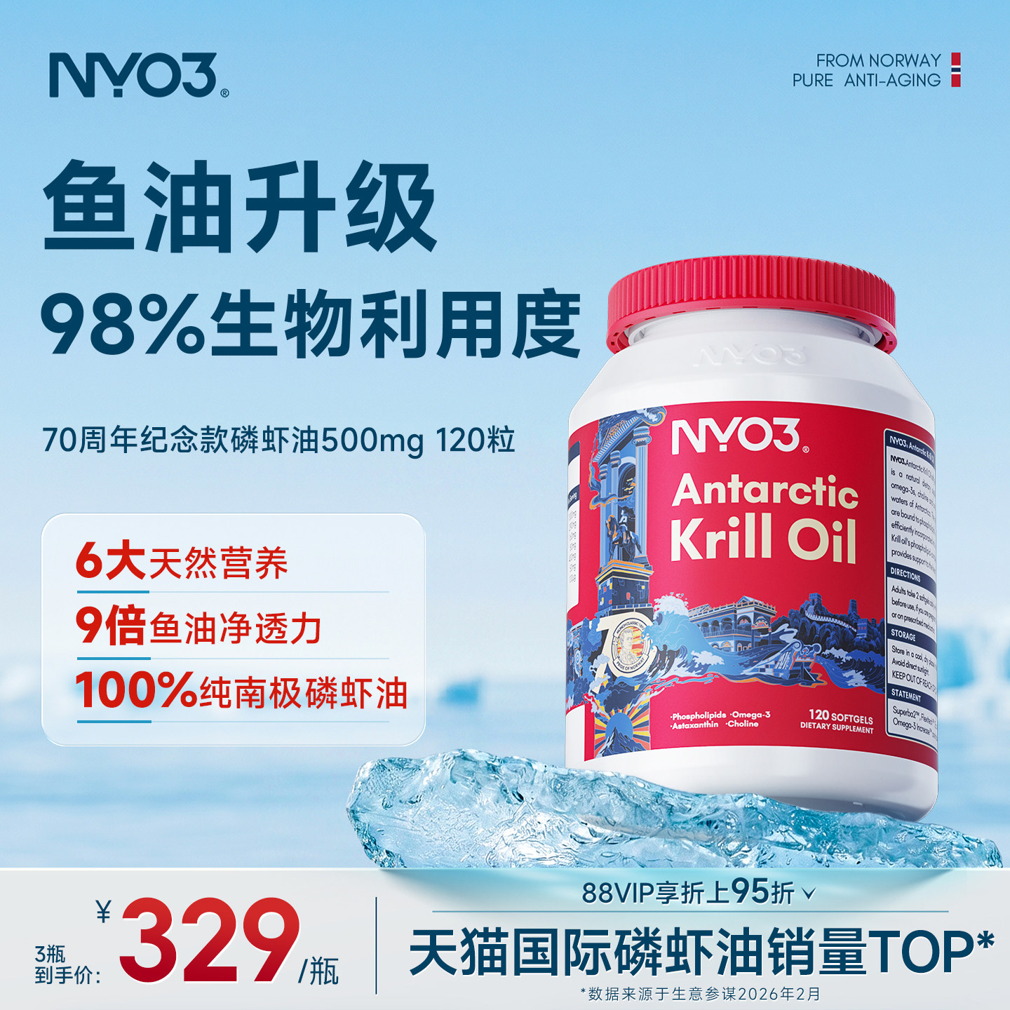 NYO3诺威佳挪威进口纯南极磷虾油56%高海洋磷脂鱼油omega-3虾青素