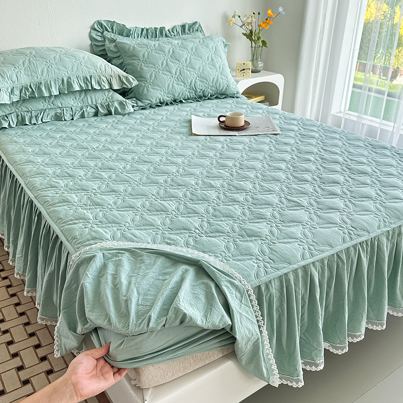 全棉夹棉床笠带裙边单件公主风加厚纯水洗棉防滑床罩垫套四季通用