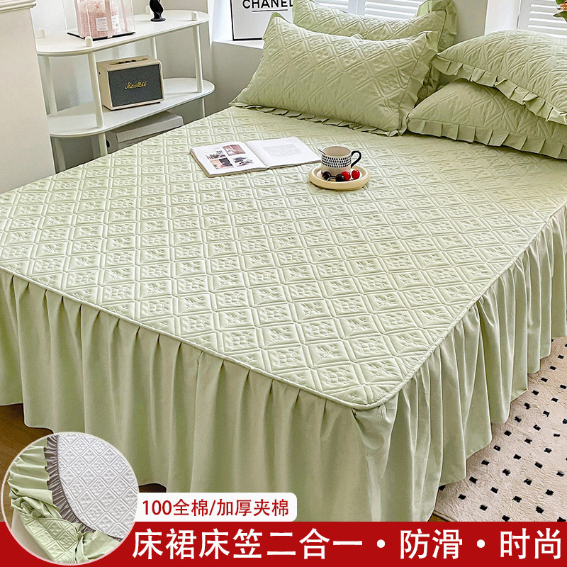 全棉加厚夹棉床裙单件床笠式床罩