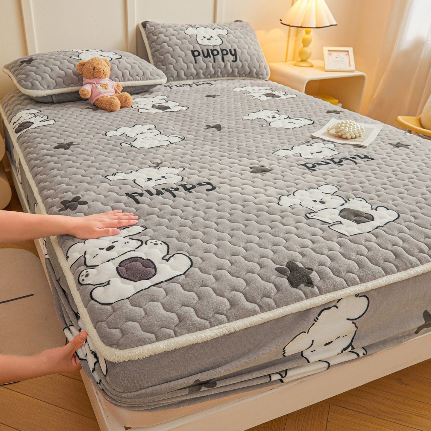 牛奶绒夹棉床笠单件Aa类母婴级冬季加厚保暖珊瑚绒防滑床罩套可爱