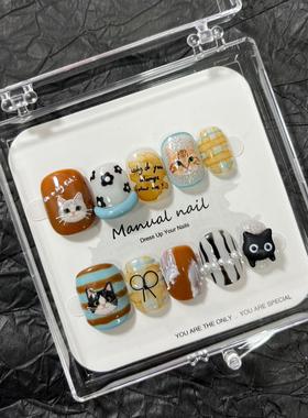 纯手工制作可爱卡通少女短圆穿戴美甲贴片可拆卸A559