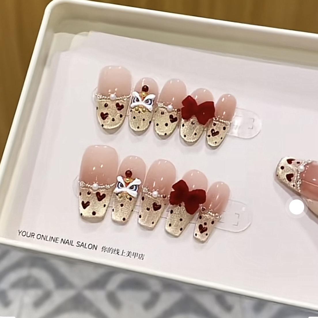 奈姿 纯手工光疗穿戴甲心悦醒狮成品重复使用美甲贴片可拆