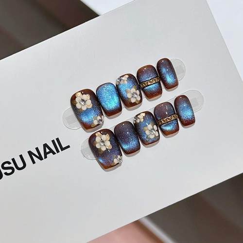 【蓝花布】红棕色金属晕染蓝色猫眼纯手工显白气质高级穿戴短甲