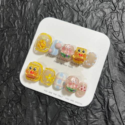 纯手工制作可爱卡通少女短圆穿戴美甲贴片可拆卸A273