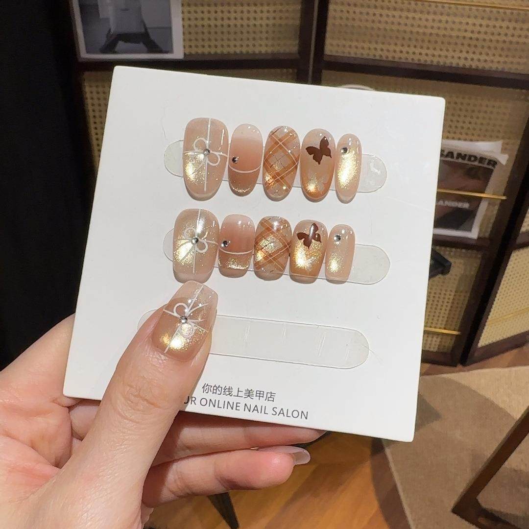 手工晕染摩卡蝴蝶猫眼指甲贴纯手工穿戴甲手绘高级显白美甲贴片成,收纳整理,指甲油收纳盒,淘宝优惠券,粉丝福利购,淘宝优惠卷
