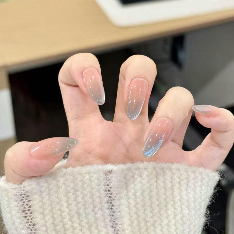 夏日海蓝色冰透猫眼温柔气质少女风简约渐变纯手工穿戴甲