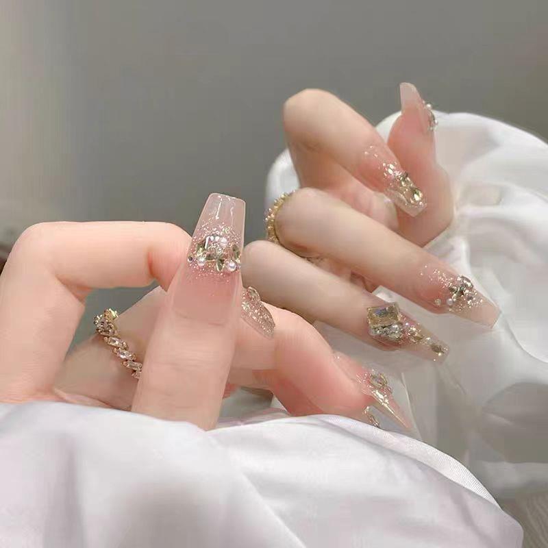 10片S007香槟方糖中梯穿戴甲可拆卸纯欲甜美腮红甲片轻奢气质贴片