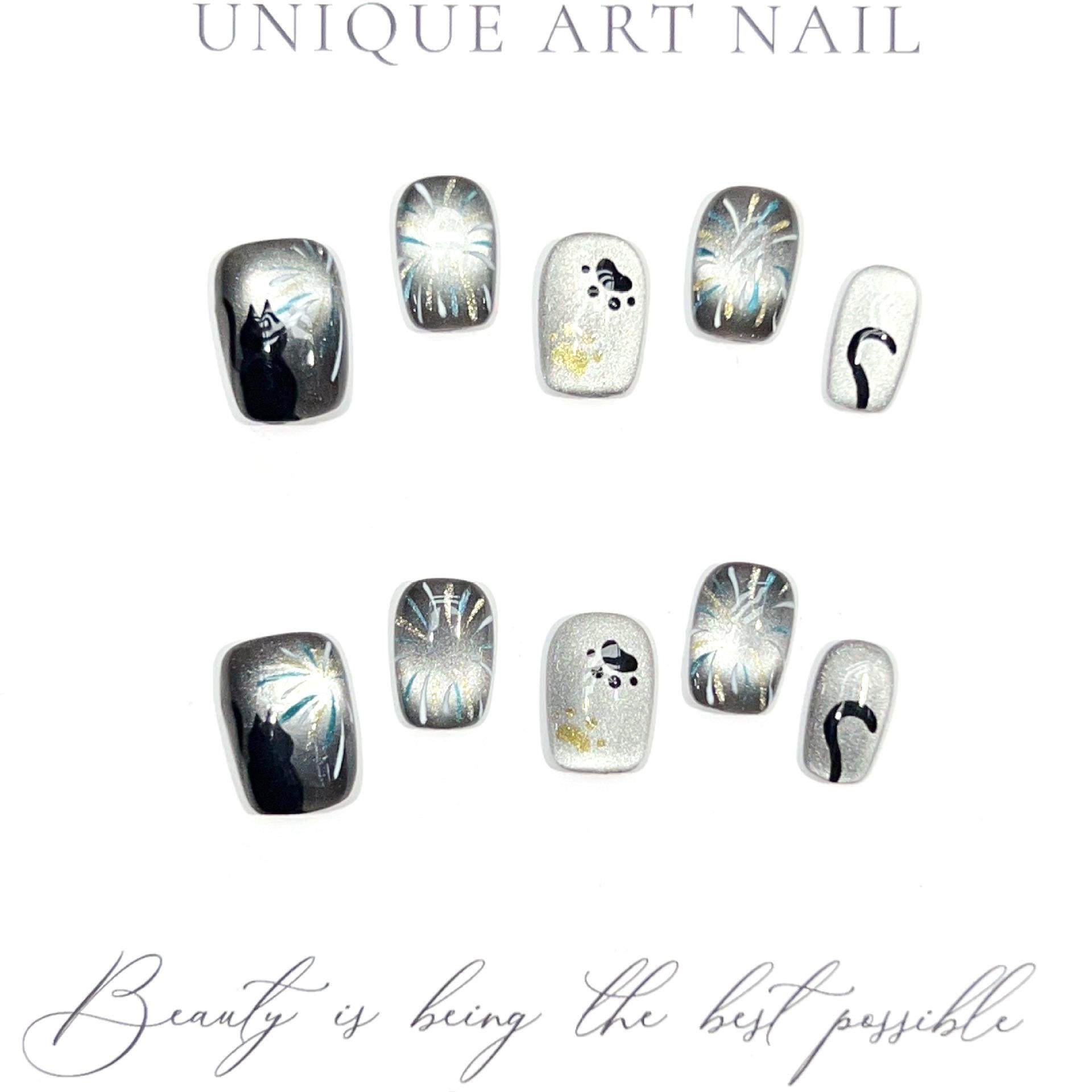 天女散花纯手工穿戴甲短款黑色爆闪猫眼炫彩烟花可爱猫爪甲片成品,收纳整理,指甲油收纳盒,淘宝优惠券,粉丝福利购,淘宝优惠卷