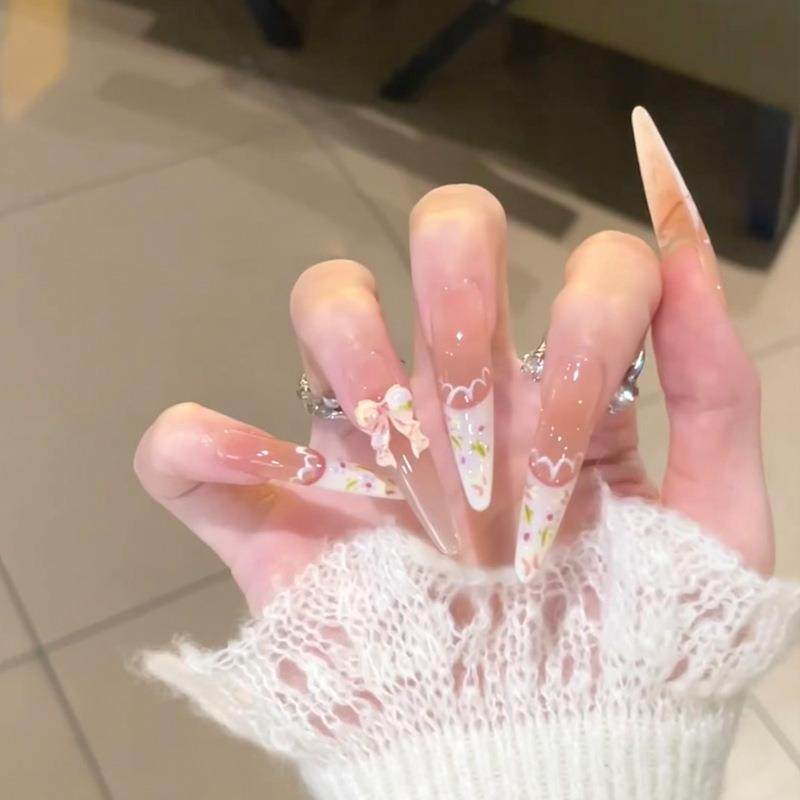 穿戴甲纯手作4.0渐变裸粉蕾丝法式蝴蝶结彩点尖形穿戴式美甲甲片,收纳整理,指甲油收纳盒,淘宝优惠券,粉丝福利购,淘宝优惠卷