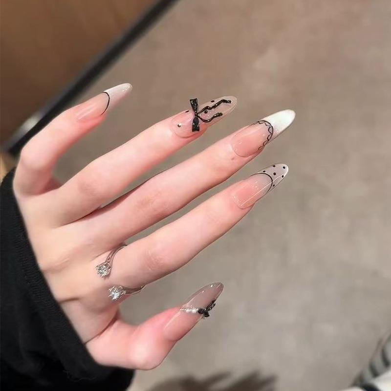 手工穿戴甲高级千金氛围感杏仁甲立体珍珠蝴蝶结美甲甲片30片分码