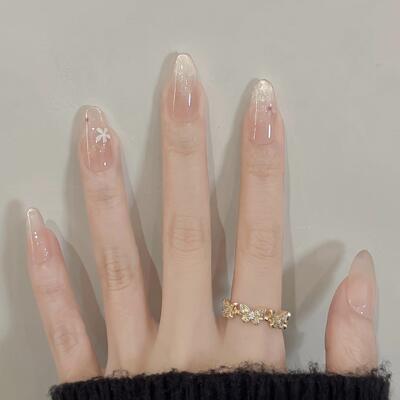 落雪梨花手工穿戴甲冰透裸色小花猫眼中椭圆气质温柔显白美甲贴片