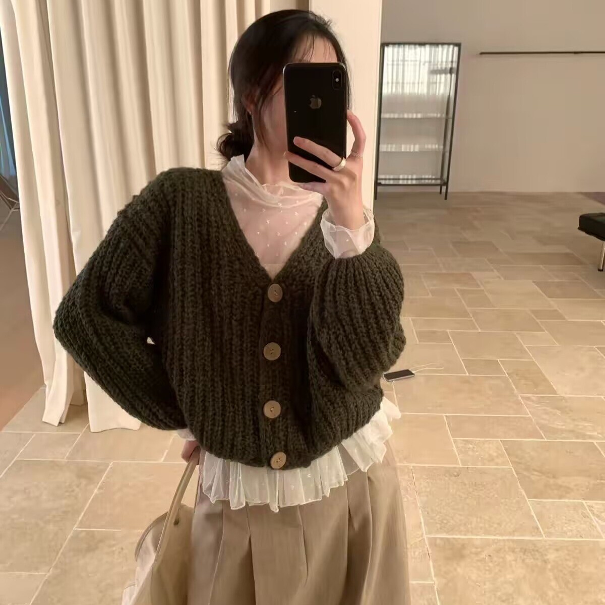 一勺H粗织麦穗纹短款开衫毛衣
