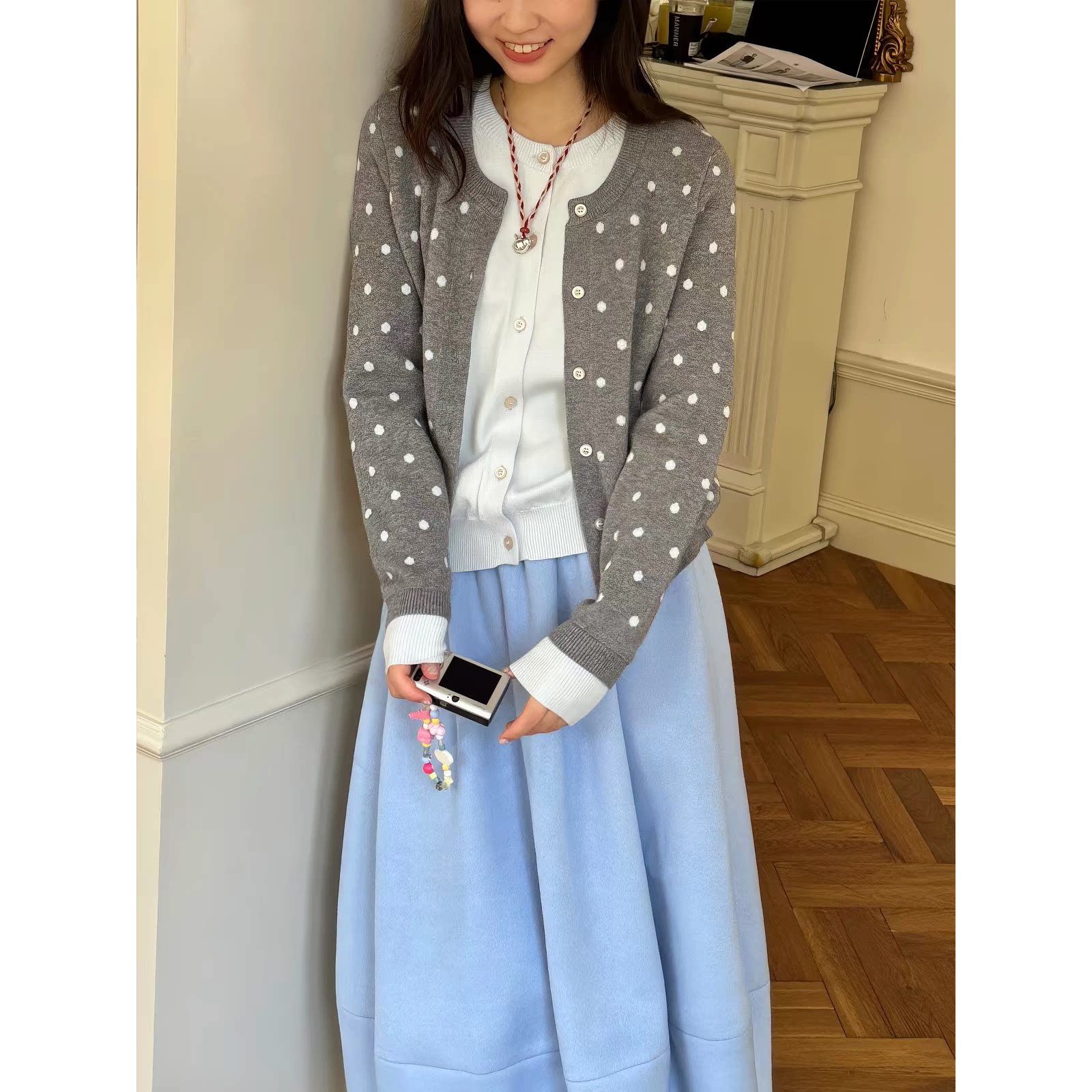 南瓜小镇波点假两件针织开衫女