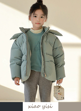 xiaoyisi25冬女大童蓝色连帽羽绒服 儿童90白鸭绒袖章短款厚外套