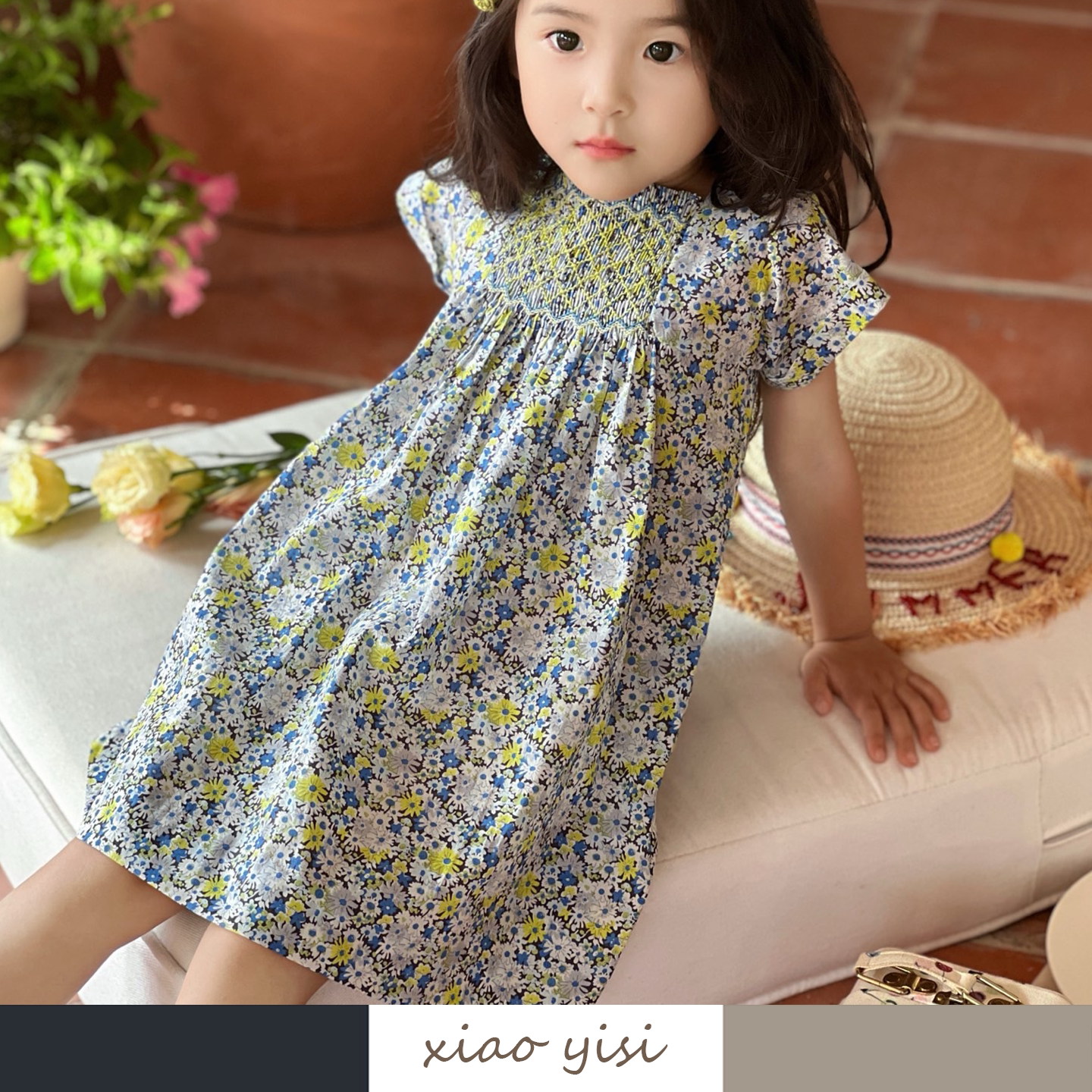xiaoyisi 26春夏新款女童棉质法式碎花打揽连衣裙 儿童短袖裙子