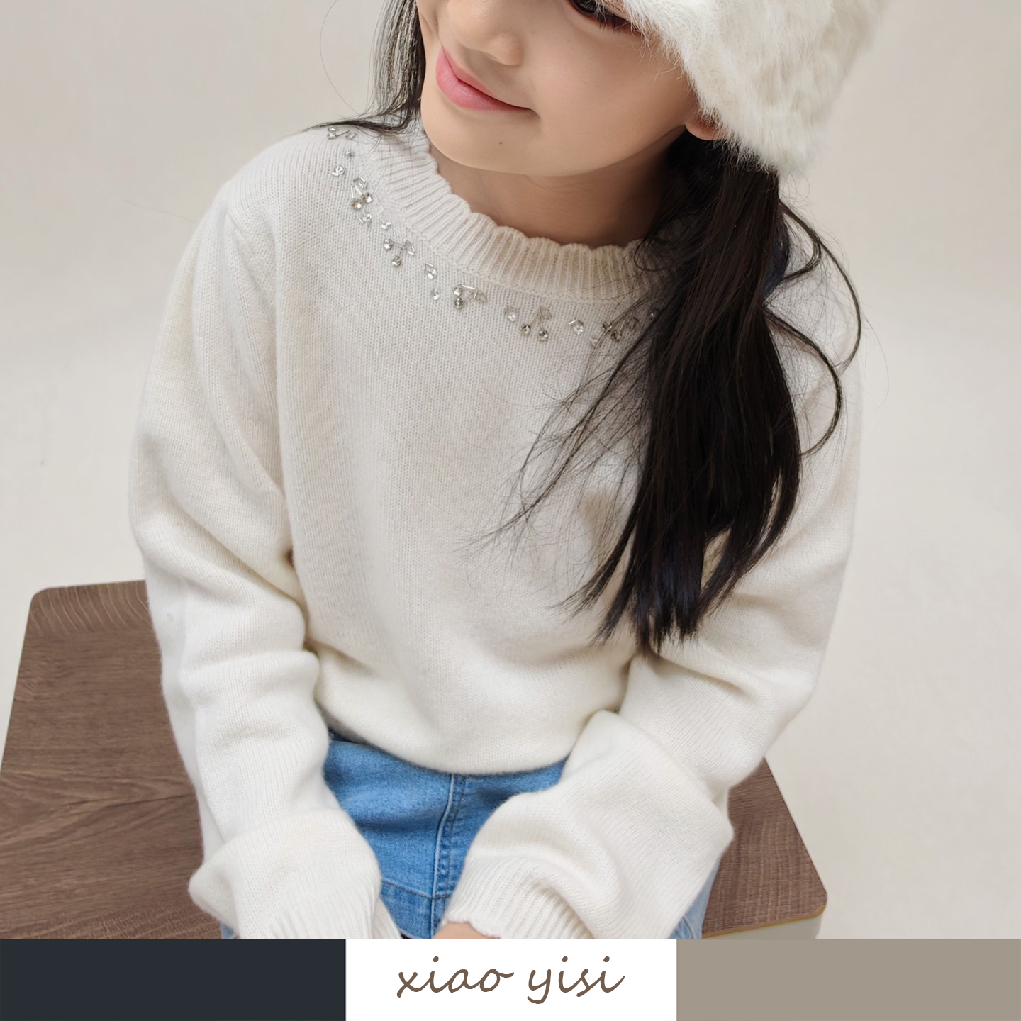 25秋冬女童全羊毛樱桃钉珠毛衣