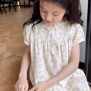 xiaoyisi女童法式娃娃领短袖连衣裙儿童飞袖连衣裙吊带裙衬衫半裙