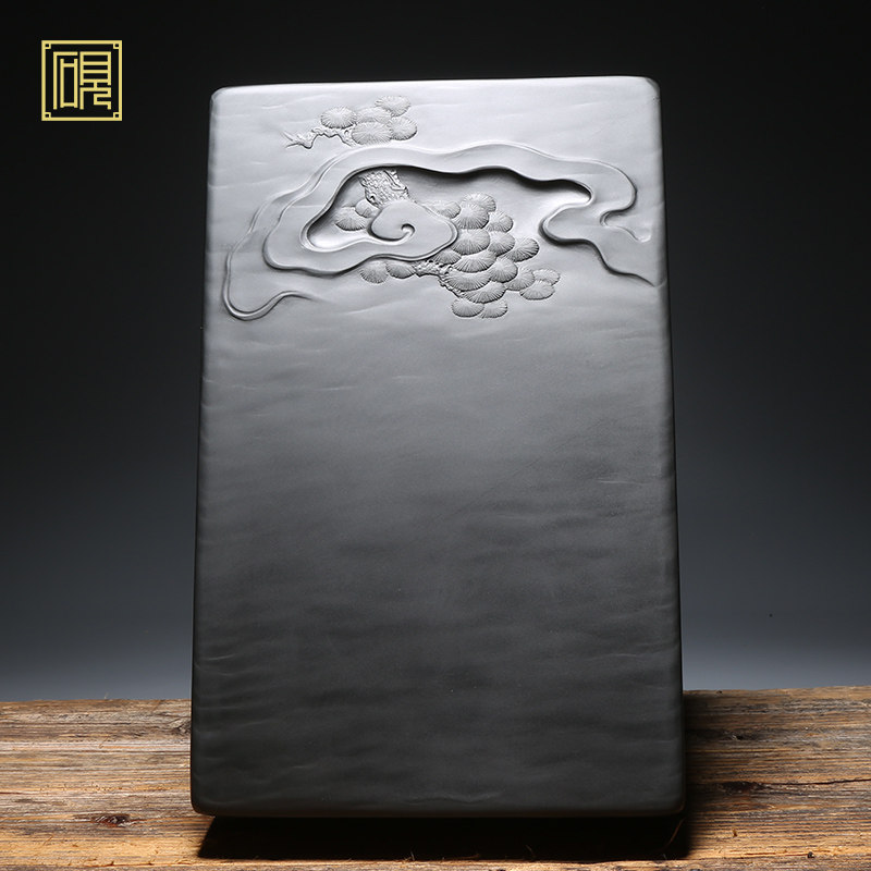 非遗名师孤品/云松砚/长方素池精品歙砚四大名砚之眉子坑眉纹原石老坑龙尾砚台兼端砚文房珍藏礼品