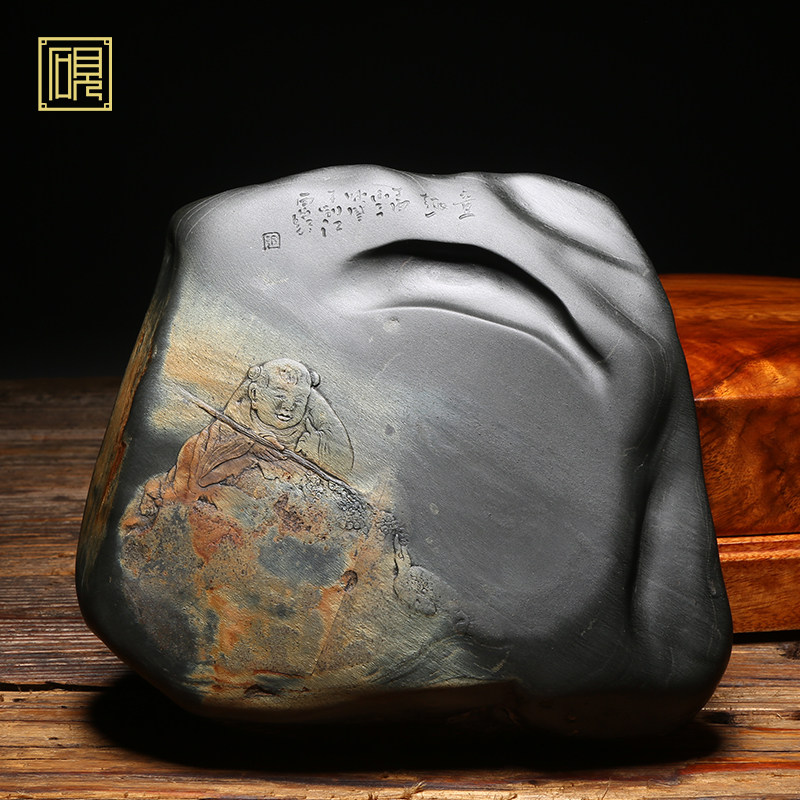 【孤品】匠心非遗传人工艺美术大师砚台《童趣》老坑歙砚砚台精品天然原石金晕籽料歙砚高档砚台端砚文房_虎窝淘