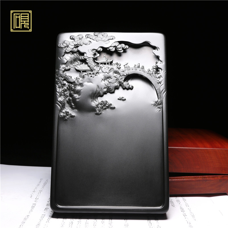 【孤品】匠心非遗传人工艺美术大师老坑砚台《溪山雅集》老坑黑龙尾原石歙砚安徽砚台精品高档砚小二文房礼品