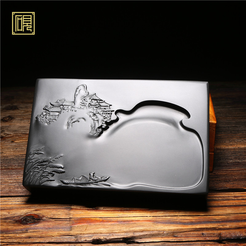 砚小二安徽名砚《江南水乡》高档黑龙尾天然原石歙砚端砚砚台中小楷书法国画创作磨墨便携行书隶书磨墨砚台