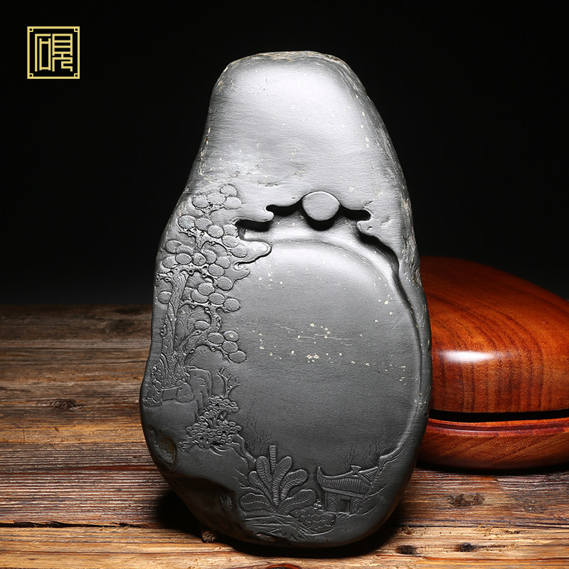 【孤品】匠心非遗传人工艺美术大师砚台《山居图》老坑歙砚砚台 精品天然眉纹籽料歙砚高档砚台端砚文房四宝