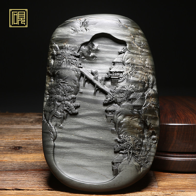 【孤品】匠心非遗传人工艺美术大师砚台《劲松》老坑歙砚砚台四大名坑眉纹藏品精品天然籽料歙砚高档砚台端砚