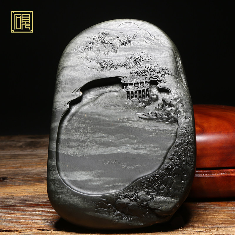 孤品 精品歙砚名师歙砚老坑原石眉纹籽料 江雪 珍藏手工文房传承四大名坑歙砚收藏礼品文房四宝端砚