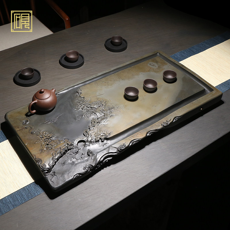 【孤品】匠心非遗老坑砚石茶盘 茶海 紫气东来  高端功夫茶具茶盘茶台