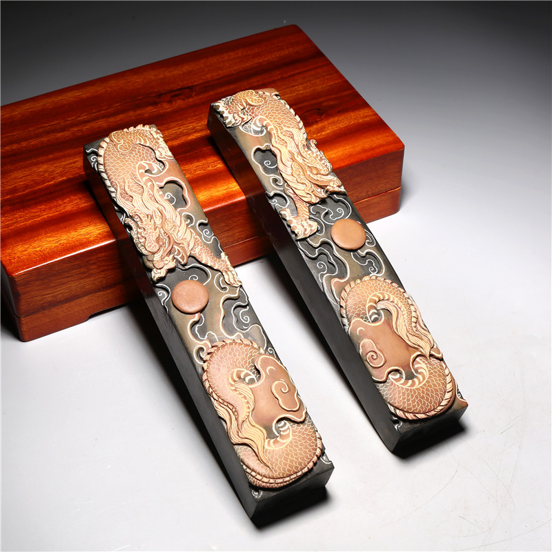 【孤品 一物一图】非遗名师砚台作品/双龙戏珠/精工镇纸手工雕刻制作老坑原石歙砚天然金晕原石高档文房礼品