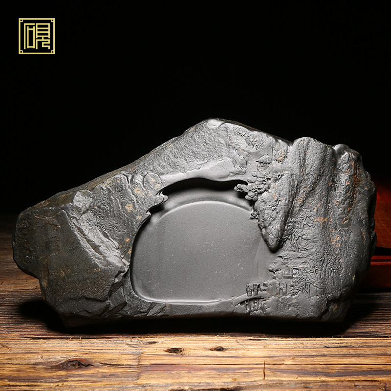 【孤品】匠心非遗 大师砚 高档老坑砚台 珍藏品《秋山寻趣》老坑黑龙尾金星歙砚精品品高档原石歙砚文房端砚