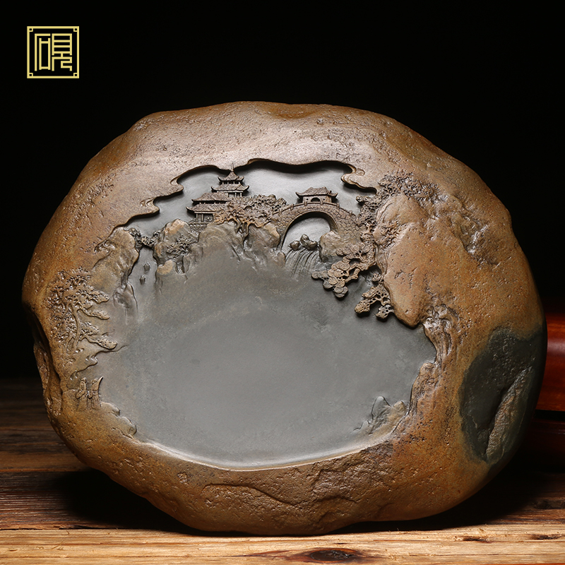 非遗传承歙砚名砚《江帆远影》名师老坑砚台高档礼品珍藏天然原石歙砚端砚文房四宝收藏成人研磨墨块砚台