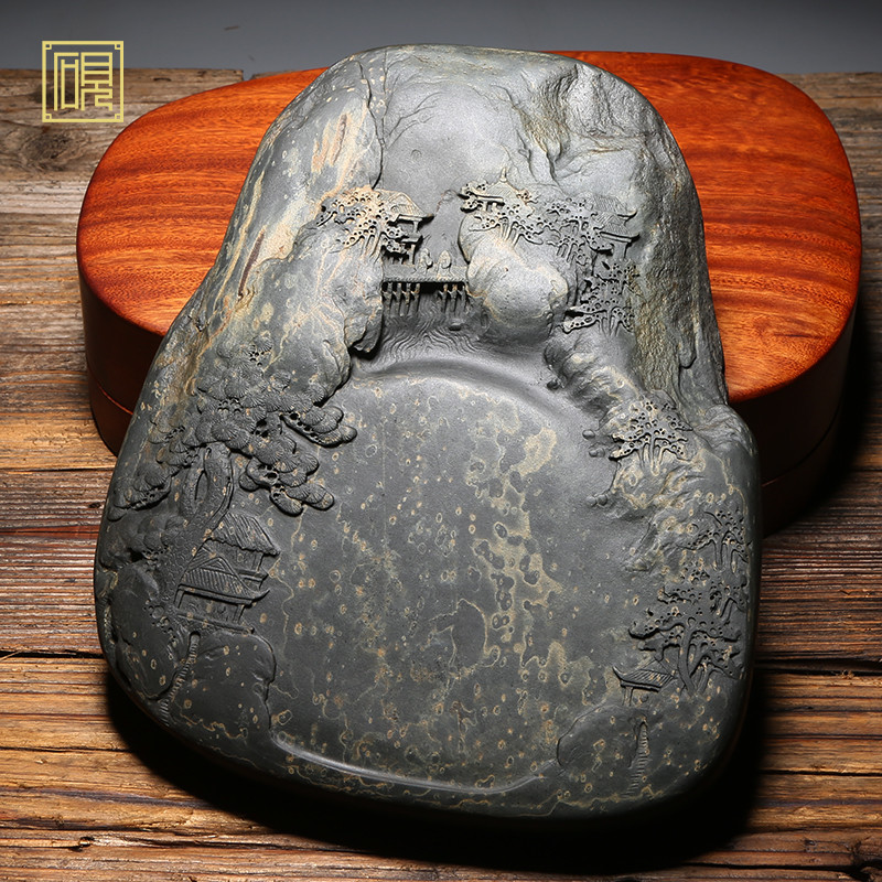 孤品 安徽省高级工艺美术师作品 老坑砚台《大好河山》老坑金星高档珍藏天然原石黑龙尾文房四宝歙砚端砚