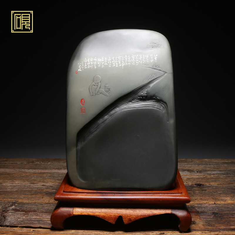 孤品 匠心非遗 大师砚 老坑砚台作品《童趣》老坑金晕算子罗纹籽料作品精品高档原石歙砚文房四宝端砚