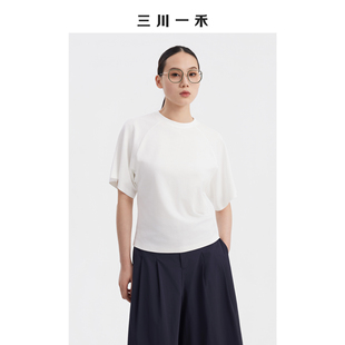 三川一禾收腰显瘦女士夏季新款半高圆领时尚蝙蝠袖短袖T恤上衣